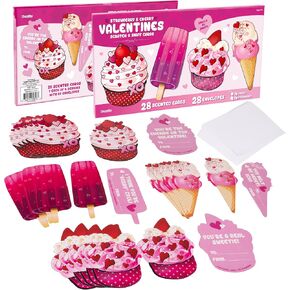 28Pk Strawberry & Cherry Valentines Day Cards with Envelope, Scratch & Sniff Valentines Card for Kids, Valentines Day Greeting Cards, Party Favor Toys,Exchange Gift Card for Kids School, Classroom Toy