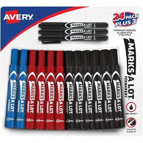 AVERY Marks-A-Lot Permanent Markers Assorted Colors, Water and Wear Resistant, 24 Large Desk-Style and 3 Pen Style (24426)
