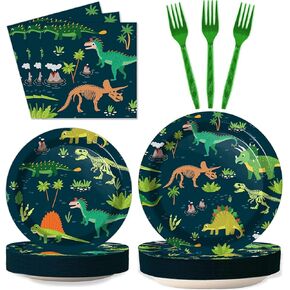 Tevxj 200Pcs Dinosaur Party Supplies Fossil Dinosaur World Plates and Napkins Dinosaur Theme Party Tableware Set for Boys Kids Dino Birthday Party Decorations Dinnerware Disposable Plates 50 Guests