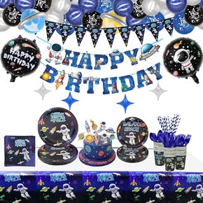 218 PCS Outer Space Party Supplies - Solar System Party Supplies Balloon, Astronaut Happy Birthday Banner, Cake Topper, Plates, Napkins, Cup, Tablecloth for Boy Kid Party Decorations, Serves 20 Guest