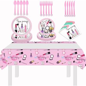 Spa Party Birthday Tableware Kit 71pcs, Make Up Paper Plates Napkins Forks Knives Spoons Plastic Disposable Table Cloth for Girls Spa Makeup Birthday Party Supplies Decorations