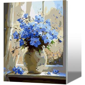 MAXBYE Flower by Window Paint by Numbers Kits for Adults Beginners with Wooden Frame, Easy Canvas Paint by Numbers Blue Flowers Vase, DIY Oil Painting Art Kit for Home Wall Decoration 12X16 inch