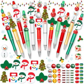 Axolotl 12 Pcs Christmas Beadable Pens, Silicone focal Beads Plastic Pens 75 Pcs Bulk DIY Kits Sets, Ballpoint Pen Black Ink, Gifts for Making DIY