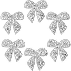 6 PCS Rhinestone Bow Crystal Iron on Patches, 2.24 Inch Sparkling Iron on Bow Applique Embroidered Patches Glitter Sew on Bows Patch for Clothes Bags Jeans Hats Backpacks DIY Craft, Silver