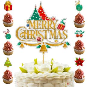 7PCS Merry Christmas Cake Topper, Glitter Xmas Holiday Cupcake Decorations, Christmas Tree Gift Cake Picks for Winter Baby Shower, Christmas Eve, Xmas Santa Birthday Party Supplies