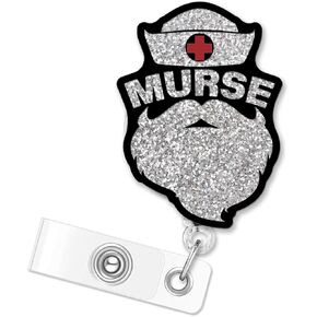 ERHACHAIJIA Murse Retractable Silver Glitter Badge Reel with Clip, Funny ID Card Badge Holder Gift for Men Nurses Murse Veterinarian Male Nurse CRNA ER ICU Nurse RN EN L&D OB NICU, Nurse Day Gift