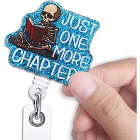 Funny Book Lover Retractable Badge Reel, Just One More Chapter Blue Glitter Badge Reel with Alligator Clip, Skeleton Acrylic Badge, Funny ID Badge Holder Gift for Librarian Nurse Teacher