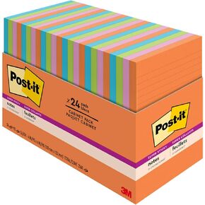 Post-it Notes Super Sticky Pads in Energy Boost Collection Colors, Note Ruled, 4" x 6", 45 Sheets/Pad, 24 Pads/Pack