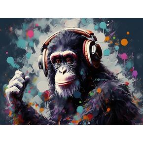 PUAGEMTI Funny Chimpanzee Orangutan Wearing Headphones Diamond Painting Kits for Adults, Monkey Diamond Painting, Full Drill Crystal Rhinestone Craft Kits Home Wall Decor 12x16 inch