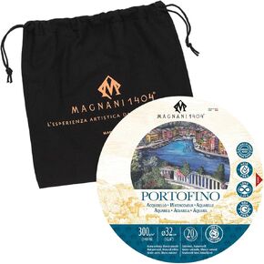 Magnani 1404 Portofino Hot Press 100% قطن قالب ورق ألوان مائية، 20 ورقة، 12.6 بوصة دائرية، 140 رطل، خالي من الأحماض، مقاوم للأشعة فوق البنفسجية، ورق ملون مائي بحجم نباتي للفنانين، صنع في إيطاليا