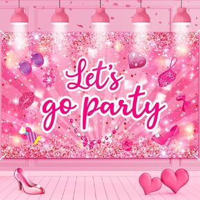 Hot Pink Let's Go Party Decorations Banner Glitter Pink Princess Birthday Banner Pink Themed Bachelorette Party Photo Backdrop Background for Women Girls Birthday Baby Shower Party Supplies