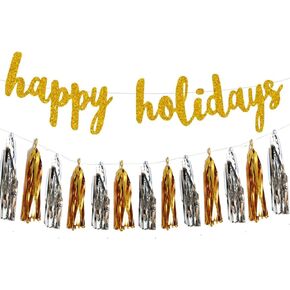 Happy Holiday Party Decorations, Happy Holiday Banner Decorations/Great for Holiday Party Backdrop Decorations Supplies/Home Office Decoration,Gold