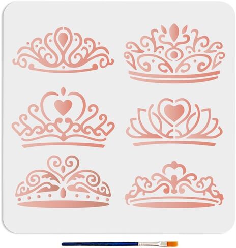 MAYJOYDIY 6 Styles Crown Stencil 11.8×11.8inch Ornate Princess Crown Stencils with Paint Brush Girls Queen Gems Tiara Crown Template for Wedding Gift Craft Furniture Fabric Wall in Saudi Arabia