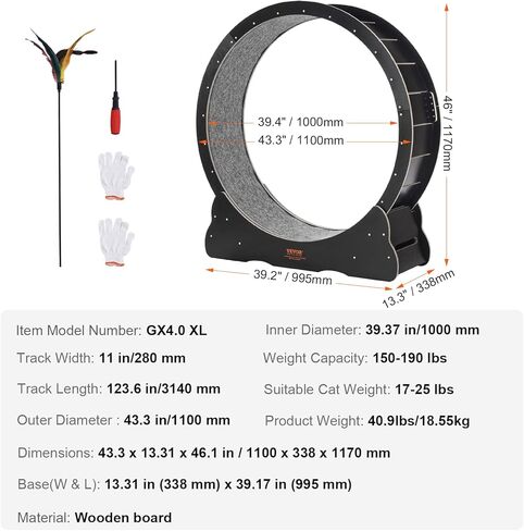 VEVOR Cat Exercise Wheel, 43.3" Large Cat Treadmill Wheel for Indoor Cats, Cat Running Wheel with Detachable Carpet & Cat Teaser for Running/Walking/Training, Suitable for Most Cats Black in Saudi Arabia