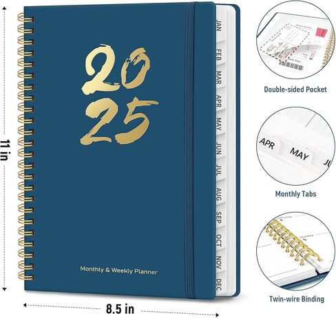 2025 Planner - Weekly and Monthly Planner Spiral Bound, Jan 2025 - Dec 2025, A4 Size (8.5" x 11"), Inner Pocket, Twin-Wire Binding，Planner with Tabs, for School Office Home Planning-Prussian Blue in Kuwait