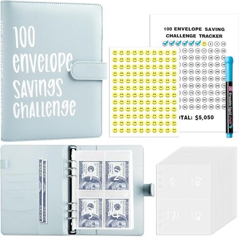 100 Envelopes Money Saving Challenge - A5 Money Saver Budget Binder Book with Pen and 100 Smile Tags, 100-Days of Easy and Funny Ways to Save $5,050 Cash Envelope Challenge Binder, Blue in Saudi Arabia