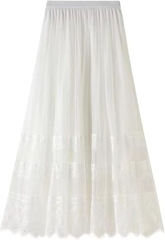 Sigdio Women Midi Skirt Elastic High Waist Lace Tulle Skirt Pleated Skirt in Saudi Arabia
