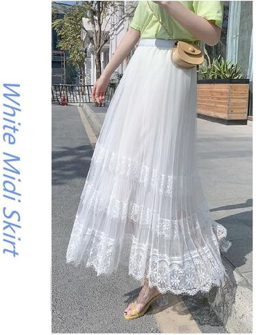 Sigdio Women Midi Skirt Elastic High Waist Lace Tulle Skirt Pleated Skirt in Saudi Arabia