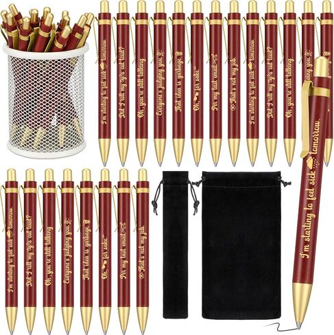 Cholemy 24 Pcs Christmas Funny Office Pens Bulk Snarky Office Pens Ballpoint Pens Brown Wood Bamboo Ballpoint Pens with Velvet Bags Funny Gifts for Women Men Office Friends in Kuwait