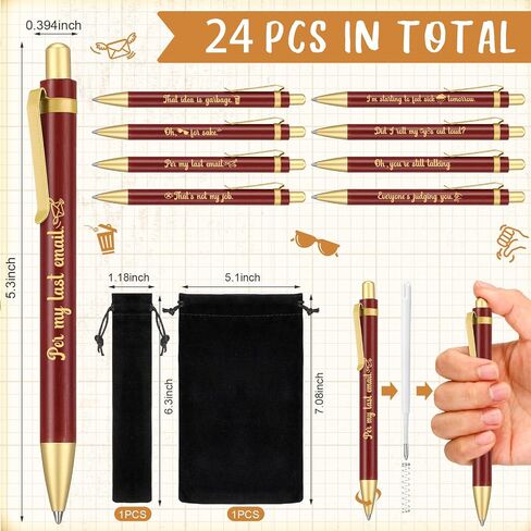 Cholemy 24 Pcs Christmas Funny Office Pens Bulk Snarky Office Pens Ballpoint Pens Brown Wood Bamboo Ballpoint Pens with Velvet Bags Funny Gifts for Women Men Office Friends in Kuwait