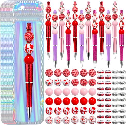 NEWEST 12 Pieces Valentine's Day Beadable Pens, Multicolor Bead Pens with 76 Beads & 20 Packaging Bags DIY Pen Making Kit Plastic Beaded Ballpoint Pens for Valentine's Day Gifts School Office Supplies in Saudi Arabia