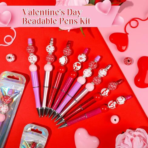 NEWEST 12 Pieces Valentine's Day Beadable Pens, Multicolor Bead Pens with 76 Beads & 20 Packaging Bags DIY Pen Making Kit Plastic Beaded Ballpoint Pens for Valentine's Day Gifts School Office Supplies in Saudi Arabia