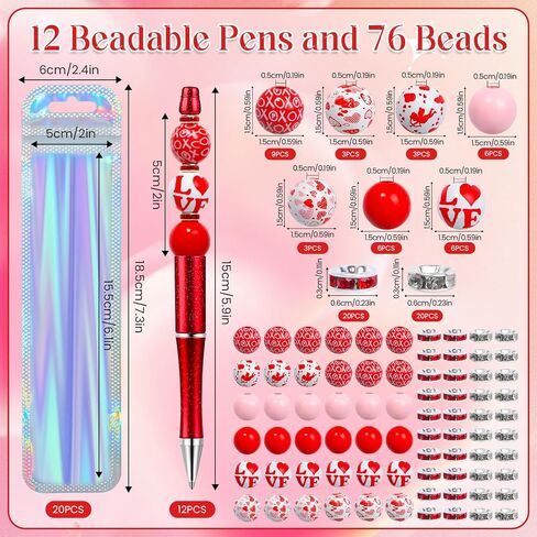 NEWEST 12 Pieces Valentine's Day Beadable Pens, Multicolor Bead Pens with 76 Beads & 20 Packaging Bags DIY Pen Making Kit Plastic Beaded Ballpoint Pens for Valentine's Day Gifts School Office Supplies in Saudi Arabia