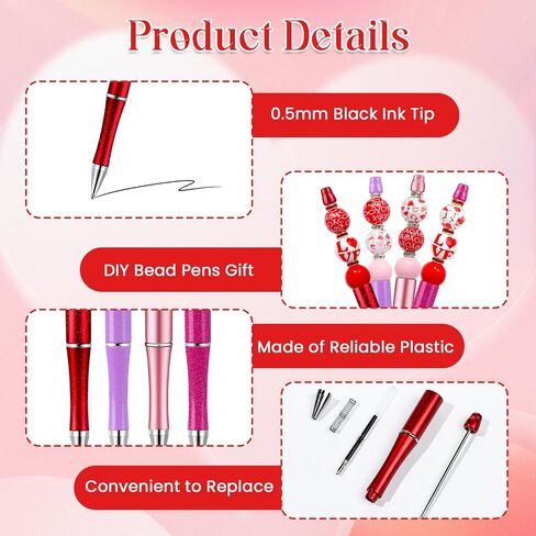NEWEST 12 Pieces Valentine's Day Beadable Pens, Multicolor Bead Pens with 76 Beads & 20 Packaging Bags DIY Pen Making Kit Plastic Beaded Ballpoint Pens for Valentine's Day Gifts School Office Supplies in Saudi Arabia