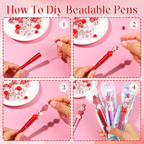 NEWEST 12 Pieces Valentine's Day Beadable Pens, Multicolor Bead Pens with 76 Beads & 20 Packaging Bags DIY Pen Making Kit Plastic Beaded Ballpoint Pens for Valentine's Day Gifts School Office Supplies in Saudi Arabia