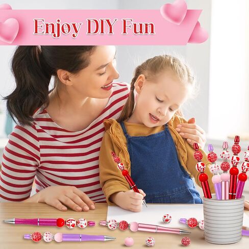 NEWEST 12 Pieces Valentine's Day Beadable Pens, Multicolor Bead Pens with 76 Beads & 20 Packaging Bags DIY Pen Making Kit Plastic Beaded Ballpoint Pens for Valentine's Day Gifts School Office Supplies in Saudi Arabia