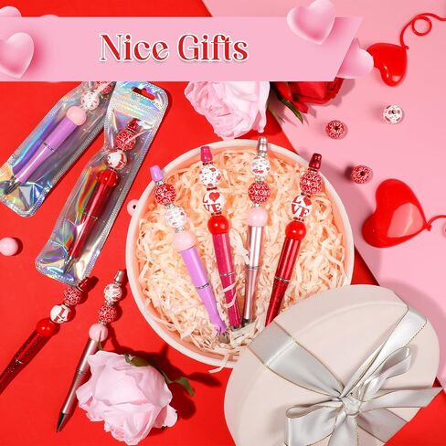NEWEST 12 Pieces Valentine's Day Beadable Pens, Multicolor Bead Pens with 76 Beads & 20 Packaging Bags DIY Pen Making Kit Plastic Beaded Ballpoint Pens for Valentine's Day Gifts School Office Supplies in Saudi Arabia