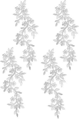 4 Pieces 10x5inch Long Patch Flower Vine with Leaf Iron on Patch Embroided Applique for Garment Curtain Pillow Blanket Trimming Shoes Jeans Clothing Embelishments (Silver) in Saudi Arabia