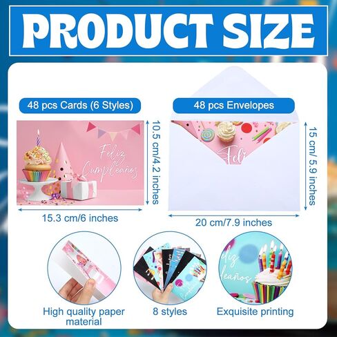 48 Pack Spanish Birthday Cards Bulk Birthday Cards with Envelopes and Stickers 4 x 6 Inch Feliz Cumpleaños Cards with Message Inside Greeting Cards for Friend, Coworker, Neighbor(Candles) in Kuwait