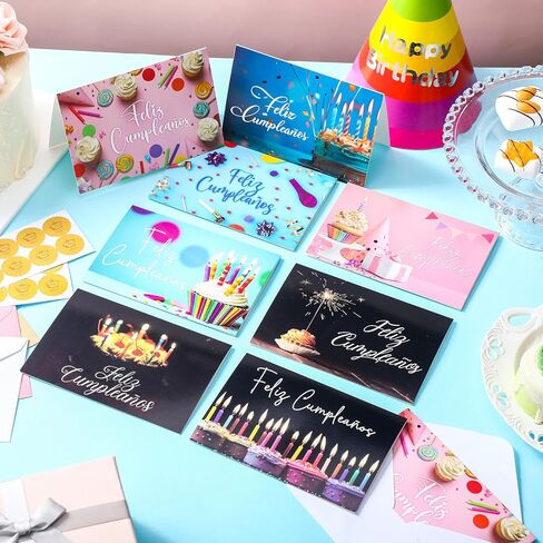 48 Pack Spanish Birthday Cards Bulk Birthday Cards with Envelopes and Stickers 4 x 6 Inch Feliz Cumpleaños Cards with Message Inside Greeting Cards for Friend, Coworker, Neighbor(Candles) in Kuwait