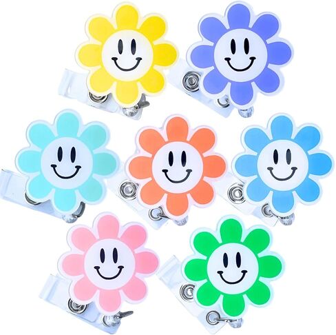 7 قطع من بكرة شارة الوجه المبتسم على شكل زهرة قابلة للسحب للممرضة والمعلم؛ لطيف عباد الشمس ديزي معرف اسم حامل بطاقة التعريف ممرضات الأطفال التمريض بكرات مقاطع الحبل اكسسوارات هدايا الطلاب in Kuwait
