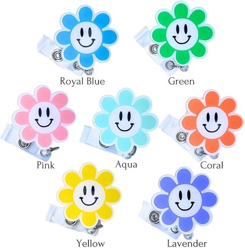 7 قطع من بكرة شارة الوجه المبتسم على شكل زهرة قابلة للسحب للممرضة والمعلم؛ لطيف عباد الشمس ديزي معرف اسم حامل بطاقة التعريف ممرضات الأطفال التمريض بكرات مقاطع الحبل اكسسوارات هدايا الطلاب in Kuwait