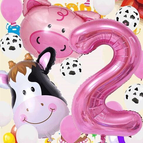 InBy 18pcs Farm Animal Balloon for 2nd Birthday Party Decorations Pig Cow Head Second Farm Animal Theme Balloon Garland Arch 40" Number 2 Foil Balloon 12" Latex Balloon Baby Girl Shower Party Supplies in Saudi Arabia