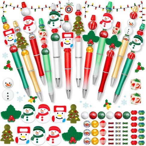 Axolotl 12 Pcs Christmas Beadable Pens, Silicone focal Beads Plastic Pens 75 Pcs Bulk DIY Kits Sets, Ballpoint Pen Black Ink, Gifts for Making DIY in Saudi Arabia