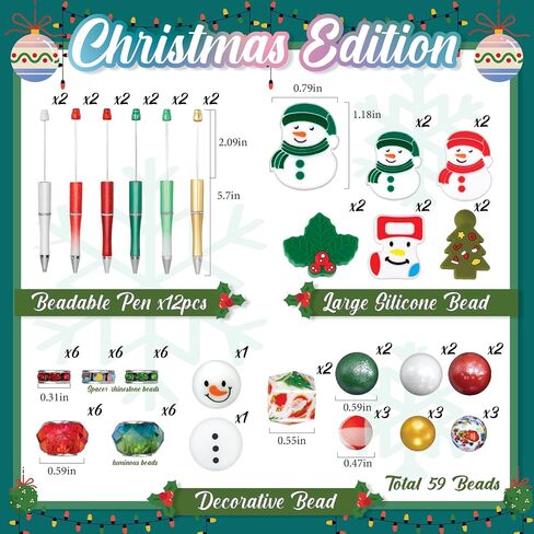 Axolotl 12 Pcs Christmas Beadable Pens, Silicone focal Beads Plastic Pens 75 Pcs Bulk DIY Kits Sets, Ballpoint Pen Black Ink, Gifts for Making DIY in Saudi Arabia