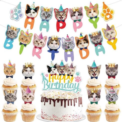 Cute Cat Theme Birthday Party Decorations Party Supplies Kit, Includes Cat Party Banner with 1pcs Cake Topper, 12pcs Cupcake Toppers Decor Birthday for Kids Girls in Saudi Arabia
