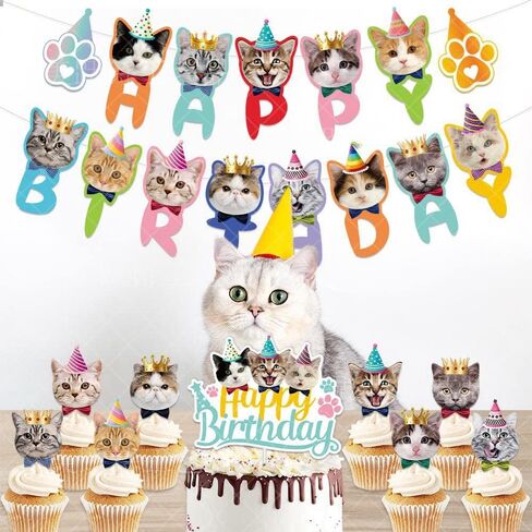 Cute Cat Theme Birthday Party Decorations Party Supplies Kit, Includes Cat Party Banner with 1pcs Cake Topper, 12pcs Cupcake Toppers Decor Birthday for Kids Girls in Saudi Arabia