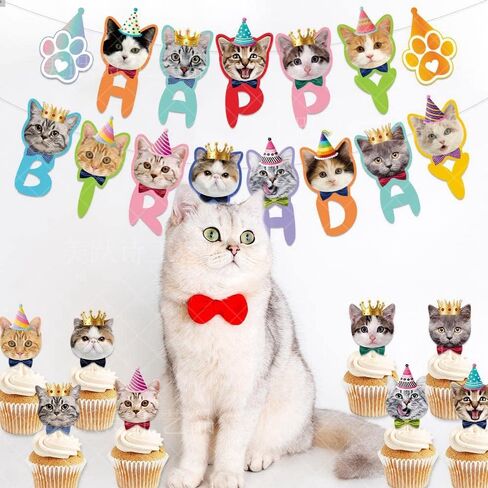 Cute Cat Theme Birthday Party Decorations Party Supplies Kit, Includes Cat Party Banner with 1pcs Cake Topper, 12pcs Cupcake Toppers Decor Birthday for Kids Girls in Saudi Arabia