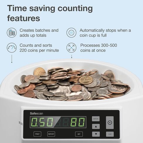 Safescan 1250 USD Coin Counter That Quickly Value Counts and Sorts Mixed USD Coins - Coin Sorter That Sorts Coins per Denomination - Money Counting Machine for Continuous Coin Counting in Kuwait