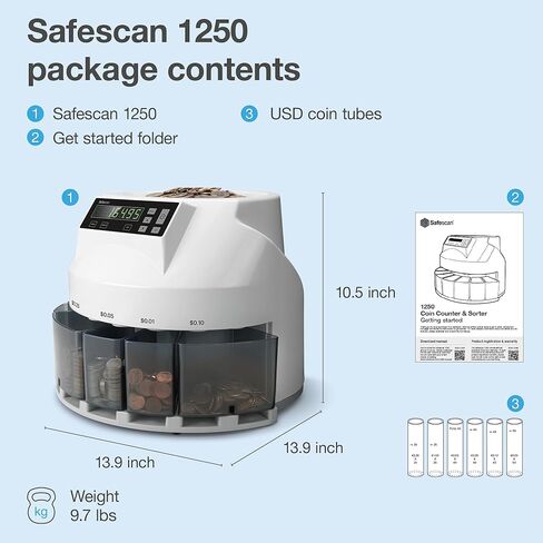 Safescan 1250 USD Coin Counter That Quickly Value Counts and Sorts Mixed USD Coins - Coin Sorter That Sorts Coins per Denomination - Money Counting Machine for Continuous Coin Counting in Kuwait
