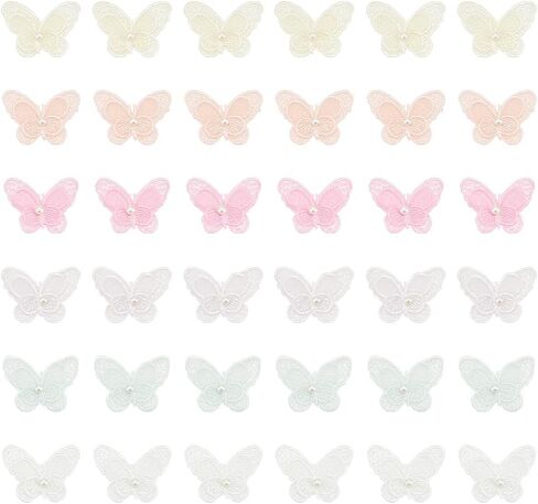FINGERINSPIRE 36 pcs Butterfly Pearl Lace Patches 6 Colors Double Layer Organza Appliques Sew on Embroidery Patch Butterfly Lace Trim for Wedding Bride Dress Clothes Jeans Hat Pants Curtain Ornaments in Saudi Arabia