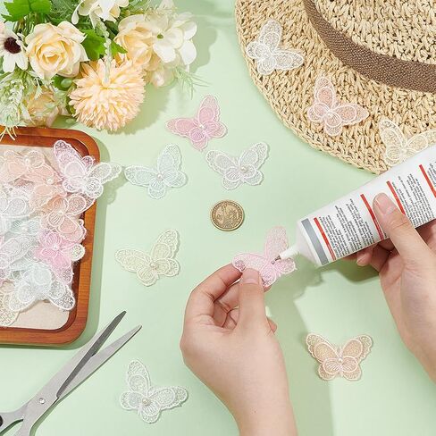 FINGERINSPIRE 36 pcs Butterfly Pearl Lace Patches 6 Colors Double Layer Organza Appliques Sew on Embroidery Patch Butterfly Lace Trim for Wedding Bride Dress Clothes Jeans Hat Pants Curtain Ornaments in Saudi Arabia
