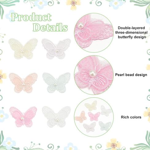 FINGERINSPIRE 36 pcs Butterfly Pearl Lace Patches 6 Colors Double Layer Organza Appliques Sew on Embroidery Patch Butterfly Lace Trim for Wedding Bride Dress Clothes Jeans Hat Pants Curtain Ornaments in Saudi Arabia