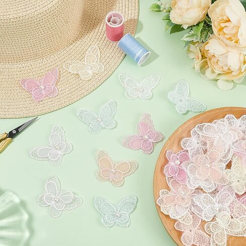 FINGERINSPIRE 36 pcs Butterfly Pearl Lace Patches 6 Colors Double Layer Organza Appliques Sew on Embroidery Patch Butterfly Lace Trim for Wedding Bride Dress Clothes Jeans Hat Pants Curtain Ornaments in Saudi Arabia