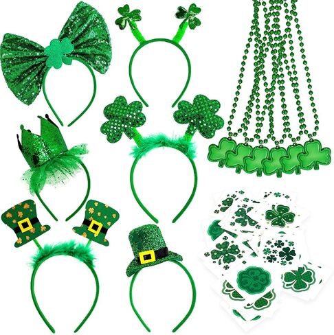 Whaline 84 Pcs St. Patrick's Day Party Favor Set with 6 Pcs St. Patrick Shamrock Headbands, 6 Pcs Clover Necklaces and 72Pcs Shamrock Tattoo Stickers for St. Patrick Irish Party Decorations in Saudi Arabia