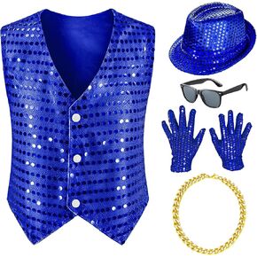 Kids Dance Hip Hop Jazz Costume Boys Sequin Vest Hat Glasses Set for Dance Party 3-10 Years